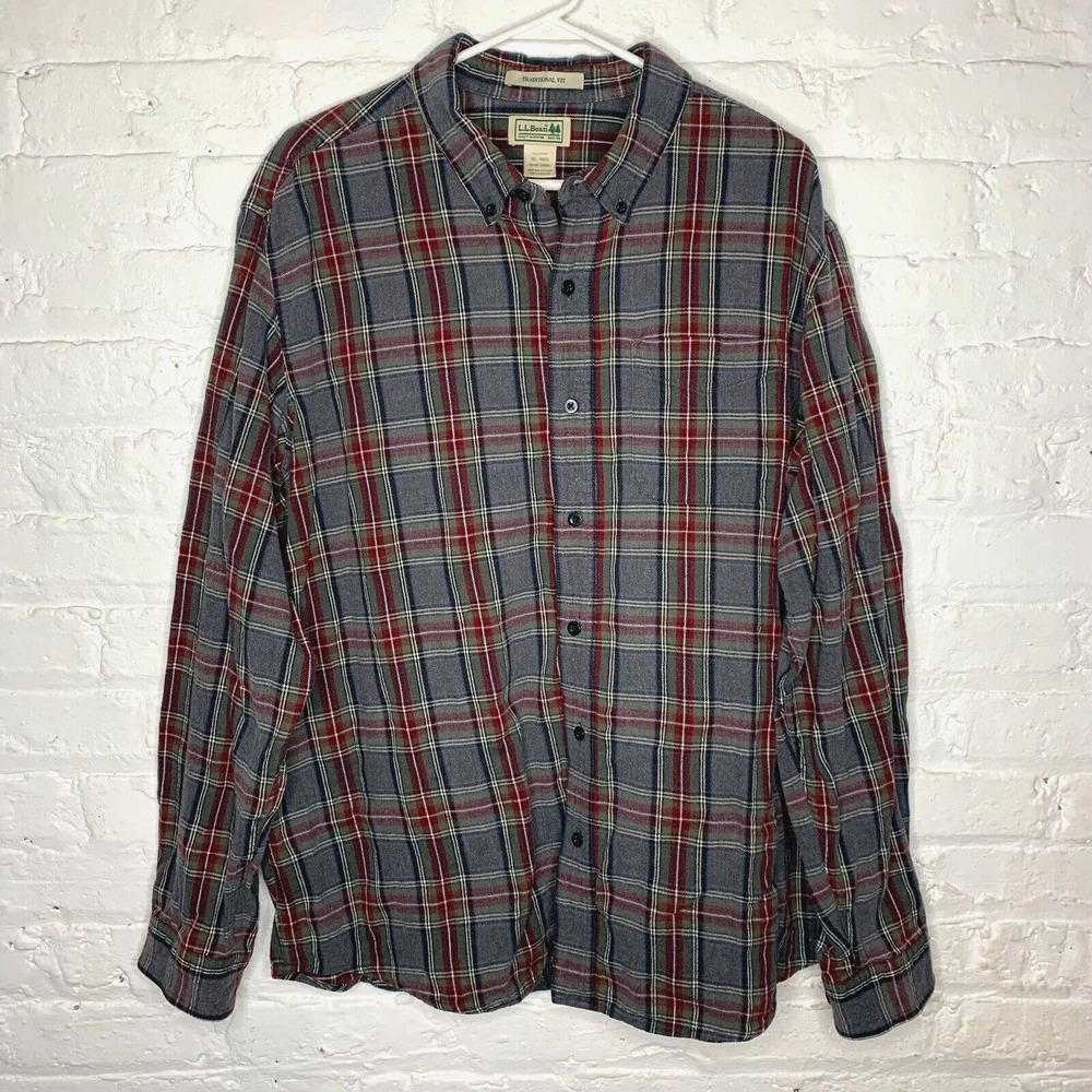 LL Bean‎ Flannel Shirt Mens XL Gray Red Plaid Traditional Fit Long Sleeve